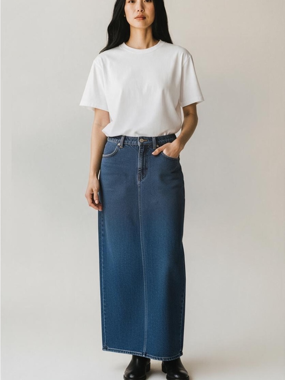 Vintage Simon Chang (12) Dark Wash Denim Maxi Skirt Back Slit 100% Cotton - Picture 15 of 15